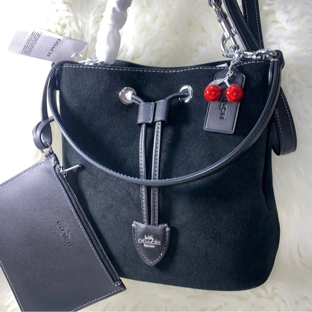 Coach Rowan Bucket Bag With Cherry Charm New Suede purse